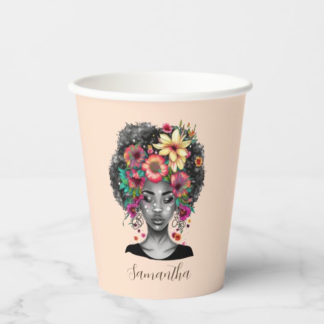 Vasos De Papel Afromujer floral elegante (Anverso)