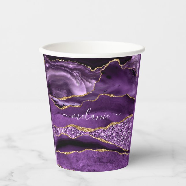 Vasos De Papel Agple violeta púrpura Purpurina de oro Geode Nombr (Anverso)