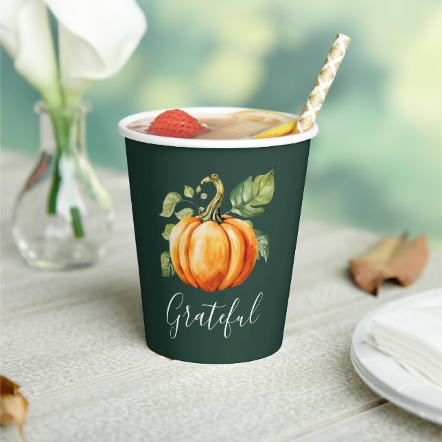 Vasos De Papel Agradecido Naranja Pumpkin Dark Green (in situ)