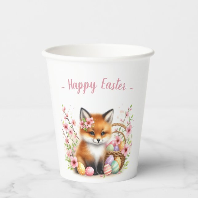 Vasos De Papel Agua de Pascua Bebé Fox Huevos y Flores (Anverso)