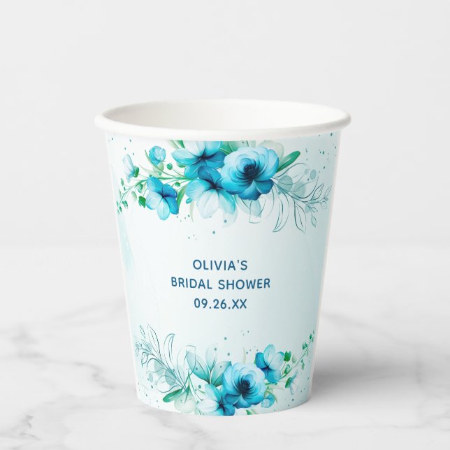 Vasos De Papel Aguamarina Personalizada con Acuarela Floral para  (Anverso)