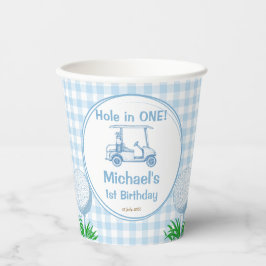 Vasos De Papel Agujero en un fiesta de golf de gingham azul monog