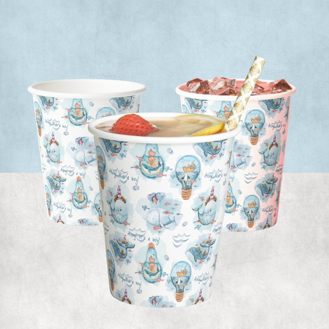 Vasos De Papel Ahoy es un Baby Shower de ballena de chico lindo (Ahoy It's A Boy Cute Whale Baby Shower Paper Cups
)