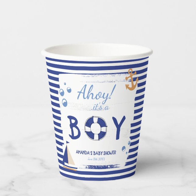 Vasos De Papel ¡Ahoy es un chico! Sailor Marine Blue Baby Shower (Anverso)