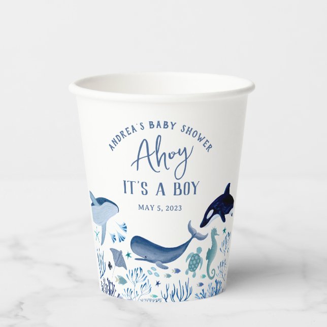 Vasos De Papel Ahoy es un niño azul bajo el mar Baby Shower (Anverso)