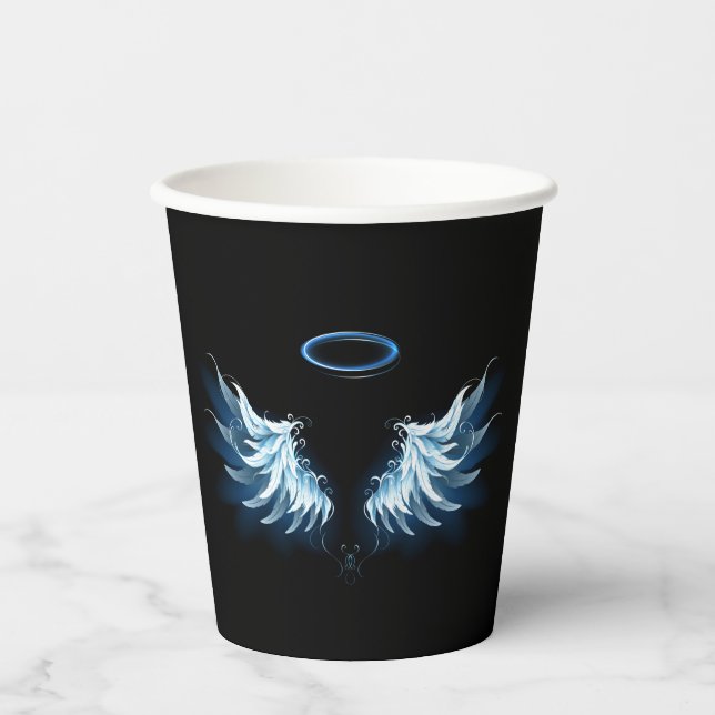 Vasos De Papel Alas del Ángel Azul brillante sobre fondo negro (Anverso)