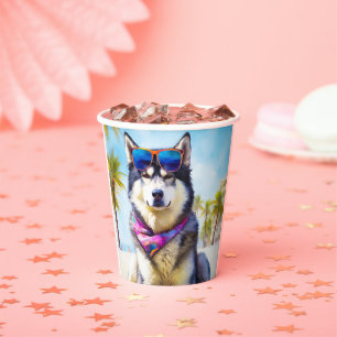 Vasos De Papel Alaska Malamute en la playa, regalo de verano