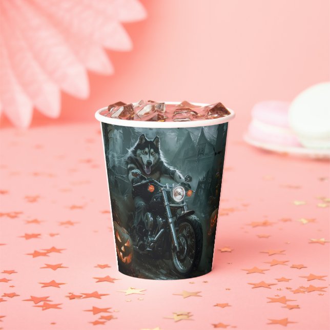 Vasos De Papel Alaska Malamute Monta en Motocicleta Halloween Sca (in situ)