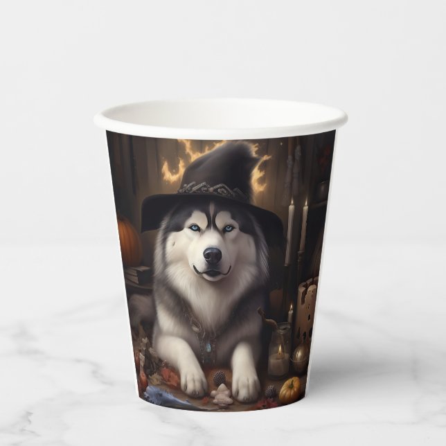 Vasos De Papel Alaskan Malamute calza calabazas de Halloween (Anverso)