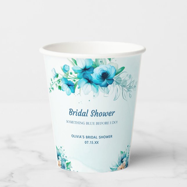 Vasos De Papel Algo Azul Acuarela Floral Despedida de Soltera  (Anverso)