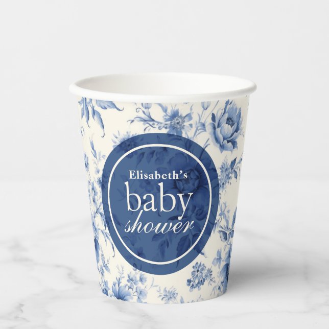 Vasos De Papel Algo de Blue Floral French Toile Baby Shower (Anverso)