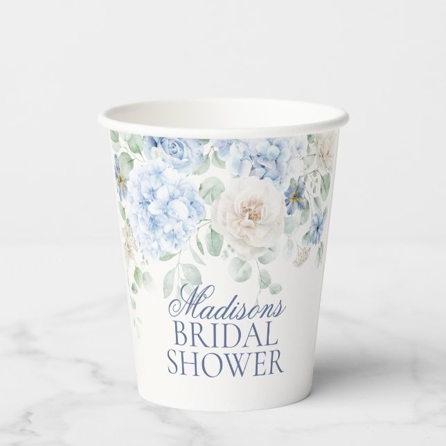 Vasos De Papel Algo Floral Azul Hidrangea Ducha Británica (Reverso )