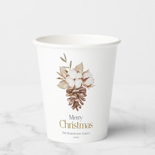 Vasos De Papel Algodón de fondo blanco elegante y pinecona (Anverso)