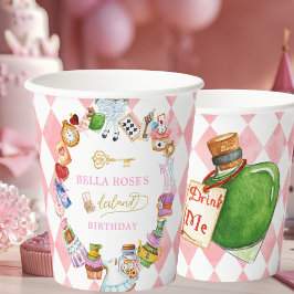 Vasos De Papel Alice in Wonderland 1st birthday Pink 