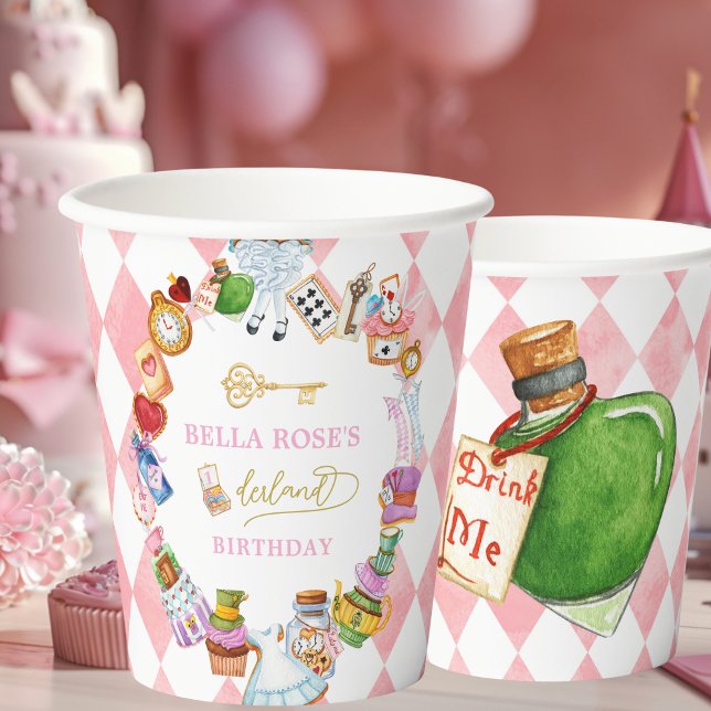 Vasos De Papel Alice in Wonderland 1st birthday Pink  (Subido por el creador)