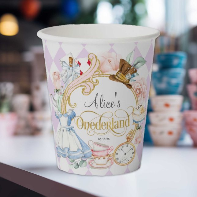 Vasos De Papel Alicia en el país de Onederland, primer cumpleaños (Purple, Girl 1st birthday, Alice Onederland themed birthday party.)