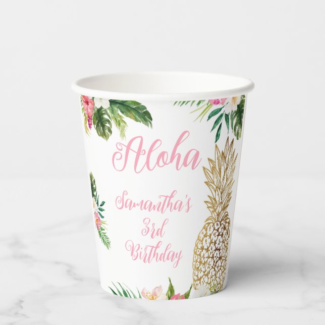 Vasos De Papel Aloha Birthday Luau Hawaiian Gold Pineapple (Reverso )