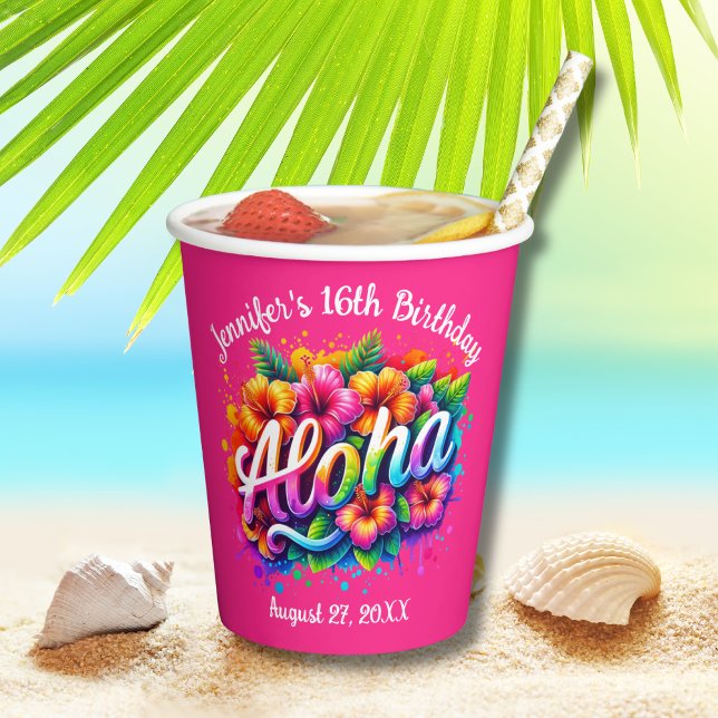 Vasos De Papel Aloha Tropical Hawaiano Cumpleaños Luau Pink (Subido por el creador)