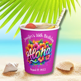 Vasos De Papel Aloha Tropical Hawaiano Cumpleaños Luau Purple