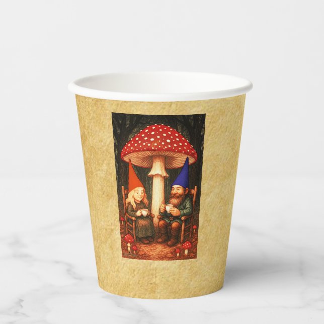 Vasos De Papel Amanita Mushroom y Gnomes (Anverso)