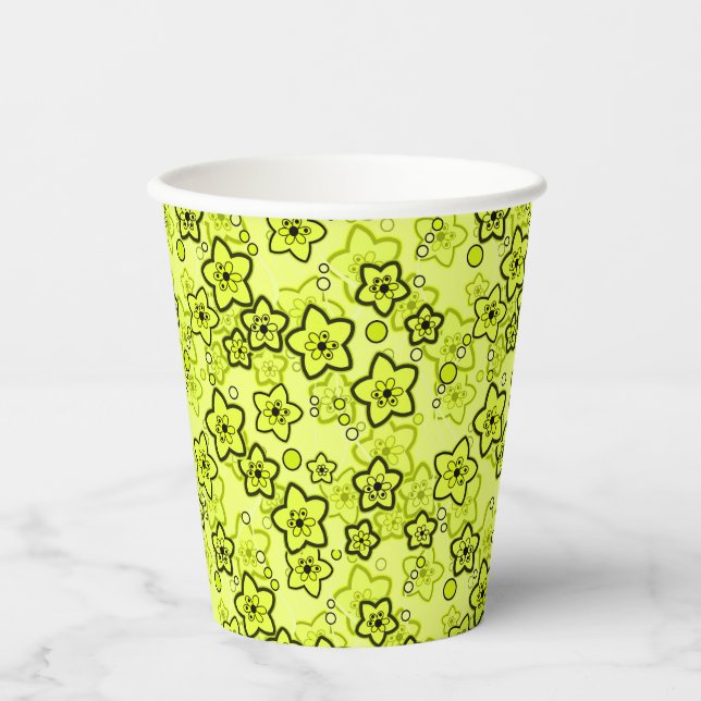 Vasos De Papel Amarillo con patrón floral de neón brillante negro (Anverso)