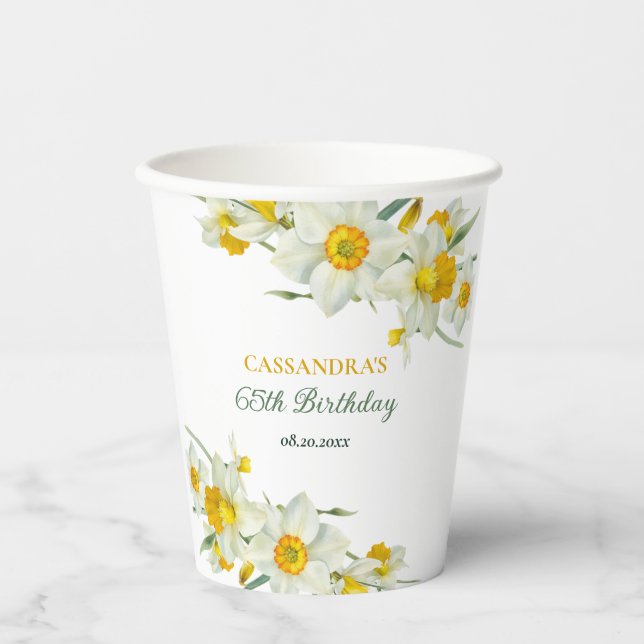Vasos De Papel Amarillo Daffodil Rustic Floral Cumpleaños (Anverso)