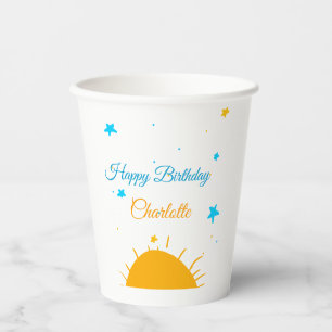 Vasos De Papel Amarillo de estrellas azules feliz cumpleaños agre