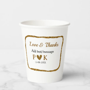 Vasos De Papel Amor y gracias añaden nombre de pareja boda dorado