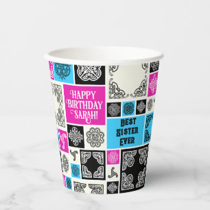 Vasos De Papel Añadir nombre y relación cumpleaños magenta y azul