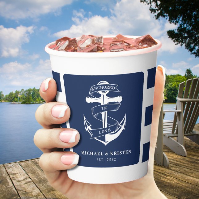 Vasos De Papel Anclado con amor Nautical Blue Anchor Strin (Anchored in Love Nautical Blue Anchor Striped Paper Cups
)