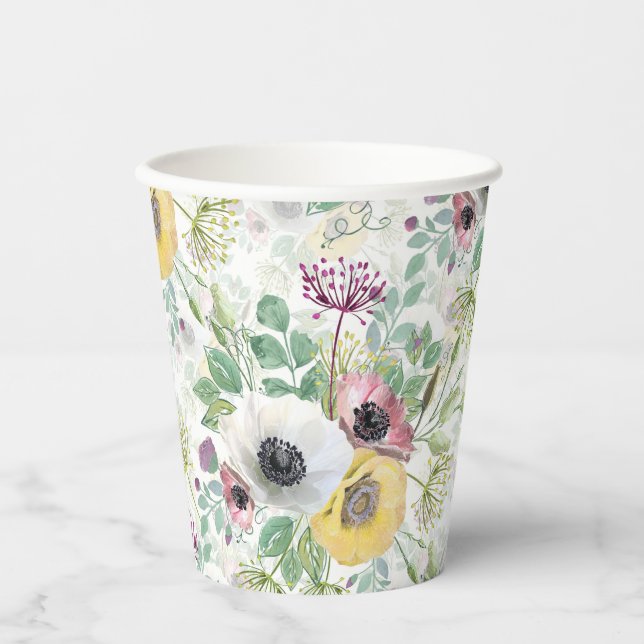 Vasos De Papel Anémonas rosas, blancas y amarillas. (Anverso)