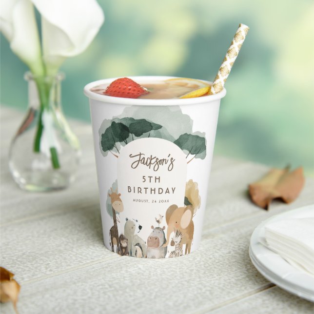 Vasos De Papel Animales de fiesta de cumpleaños con acuarela (in situ)