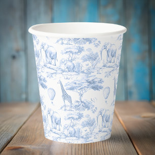 Vasos De Papel Animales de Safari Azul Toile de Jouy Baby shower