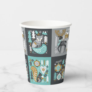 Vasos De Papel Animales del Bosque Copos de Nieve Navidad Escandi