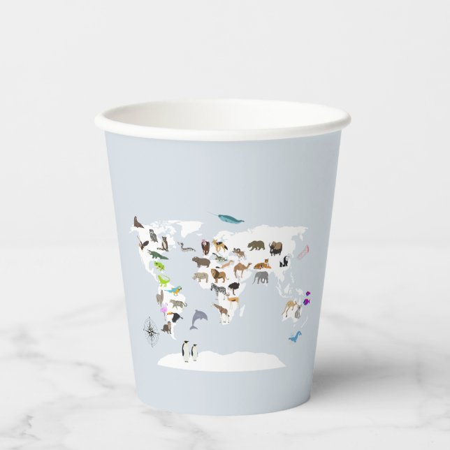 Vasos De Papel Animales del Mapa Mundial de Niños (Anverso)