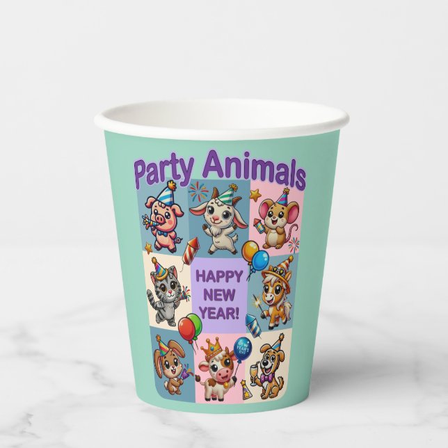 Vasos De Papel Animales fiestas "Feliz Año Nuevo" (Anverso)