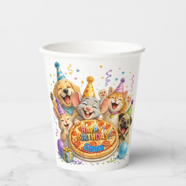 Vasos De Papel Animales para fiesta de cumpleaños con pizza y nom (Anverso)