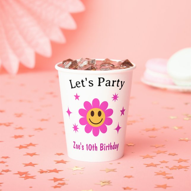 Vasos De Papel Aniversario de la Niña Rosa Sonriente Retro (in situ)