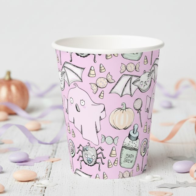 Vasos De Papel Aniversario de los niños de Halloween con leche y  (Girly Pink Halloween Girl Baby Shower Paper Cups. Ghosts, Bats, Spider, Candy Autumn Pattern for Her)