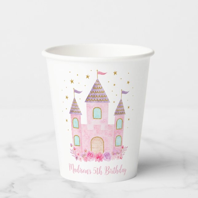 Vasos De Papel Aniversario del Castillo de Princesa de Oro Rosado (Anverso)