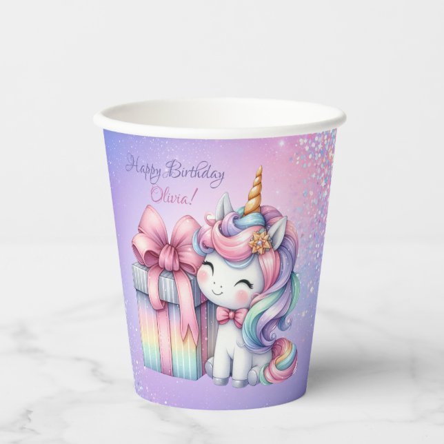 Vasos De Papel Aniversario del momento mágico de Rainbow Unicorn  (Anverso)