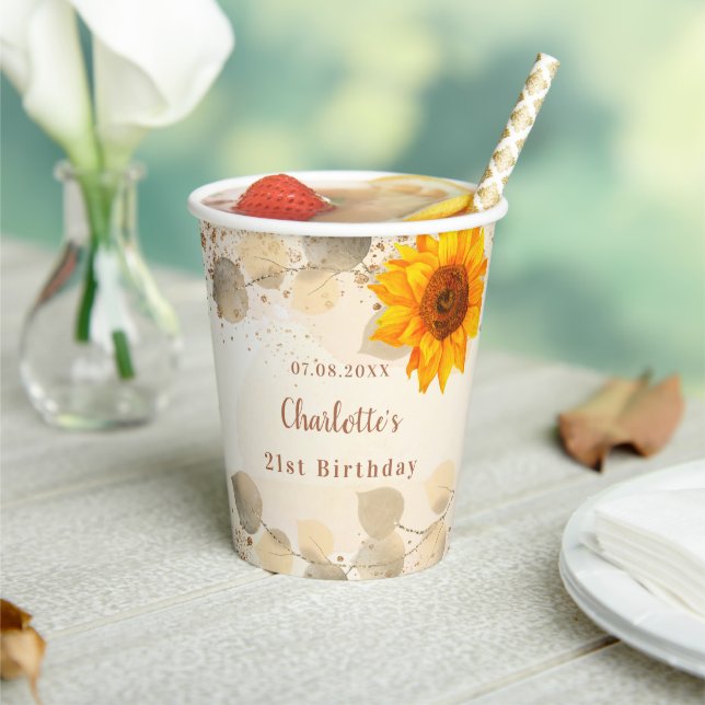 Vasos De Papel Aniversario eucalipto purpurina girasoles monogram (in situ)