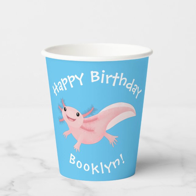 Vasos De Papel Aniversario personalizado de axolotl lindo rosa fe (Anverso)