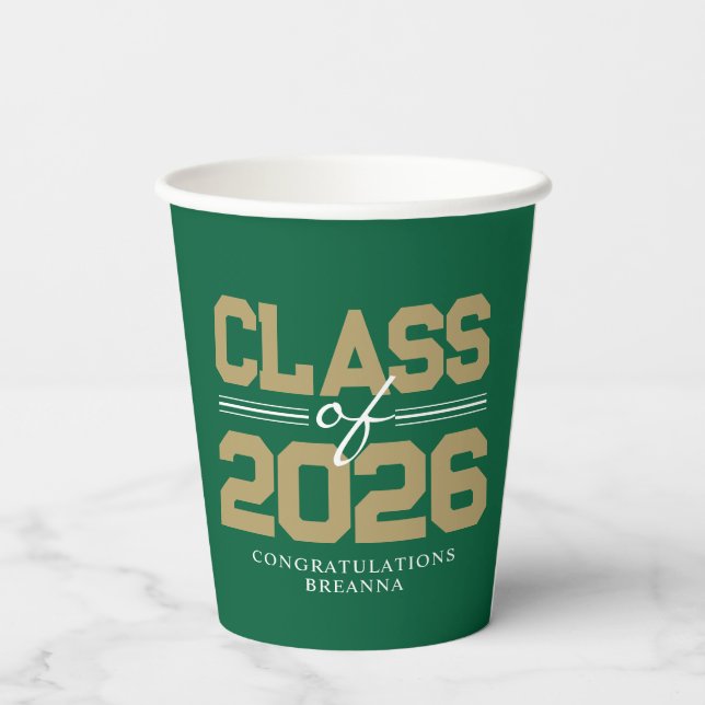Vasos De Papel Año de graduación Verde y Dorado (Reverso )