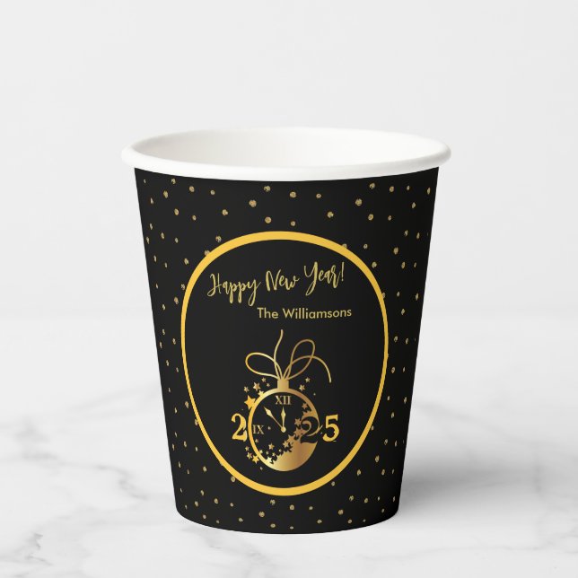 Vasos De Papel Año feliz año nuevo reloj negro de oro (Anverso)