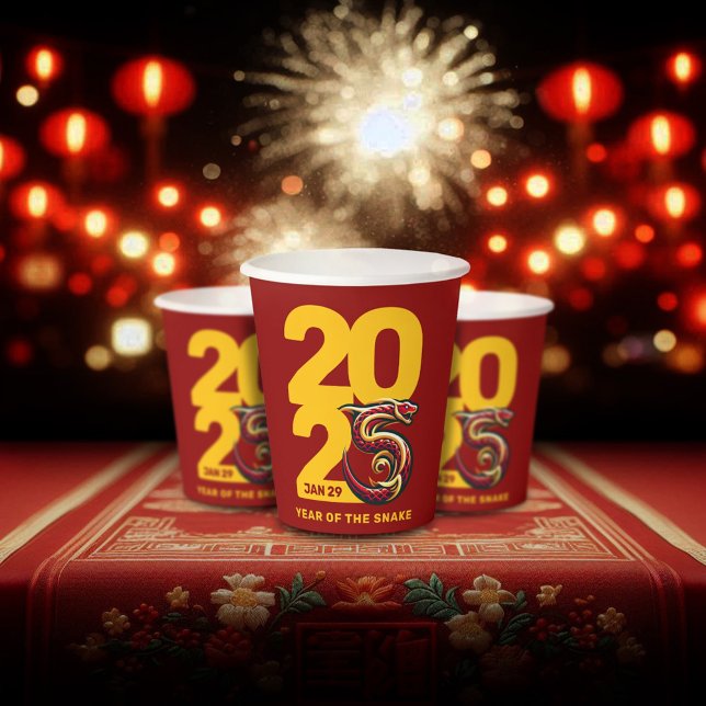Vasos De Papel Año Rojo de Oro de la Serpiente 2025 (CNY 2025 Paper Cups Fireworks Lanterns Cover Photo)
