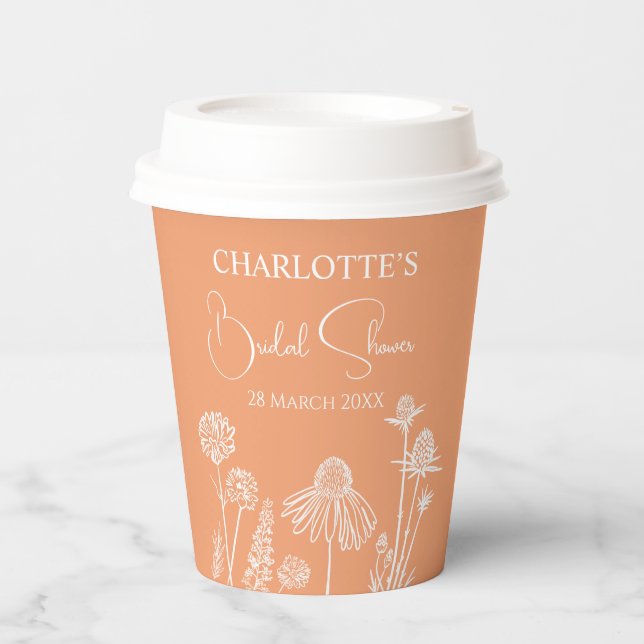 Vasos De Papel Apricot Wildflowers Esbozada Floral Bridal Shower (Anverso)