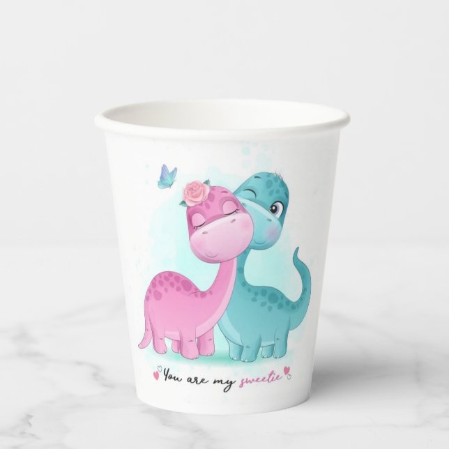 Vasos De Papel Aqua gemela y dinosaurio rosado (Anverso)