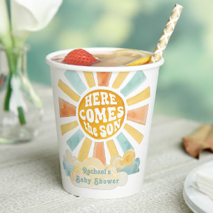 Vasos De Papel Aquí viene el hijo Retro Sunburst Baby Shower