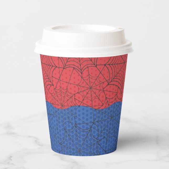 Vasos De Papel Araña Superhéroe rojo y azul cumpleaños (Anverso)